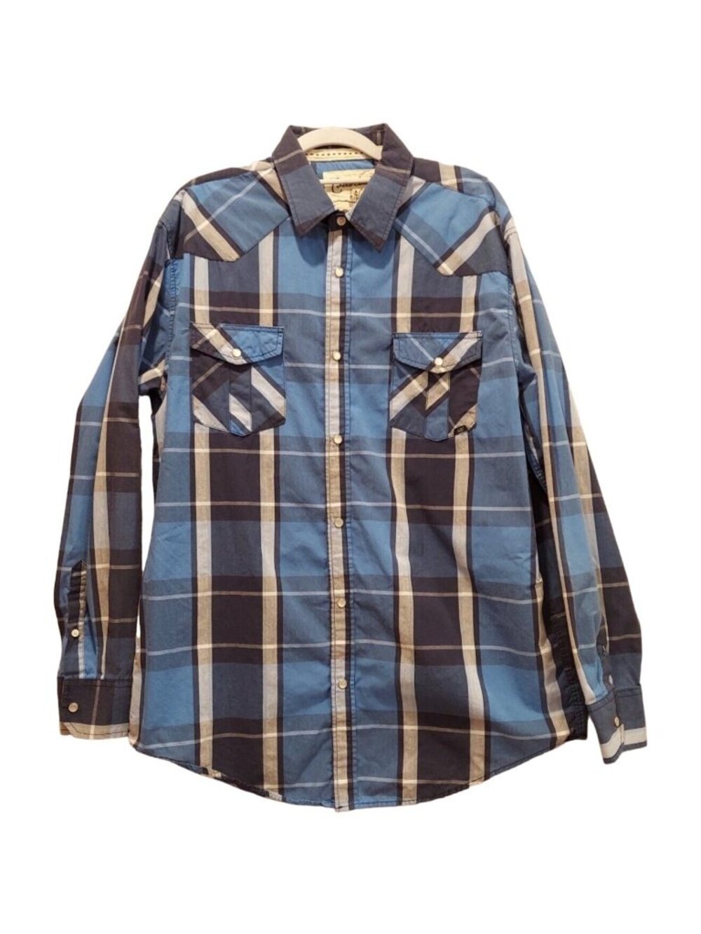 Coastal Western Cut Shirt Mens XL Blue Gray Plaid Pearl Snap Cowboy Rodeo pocket